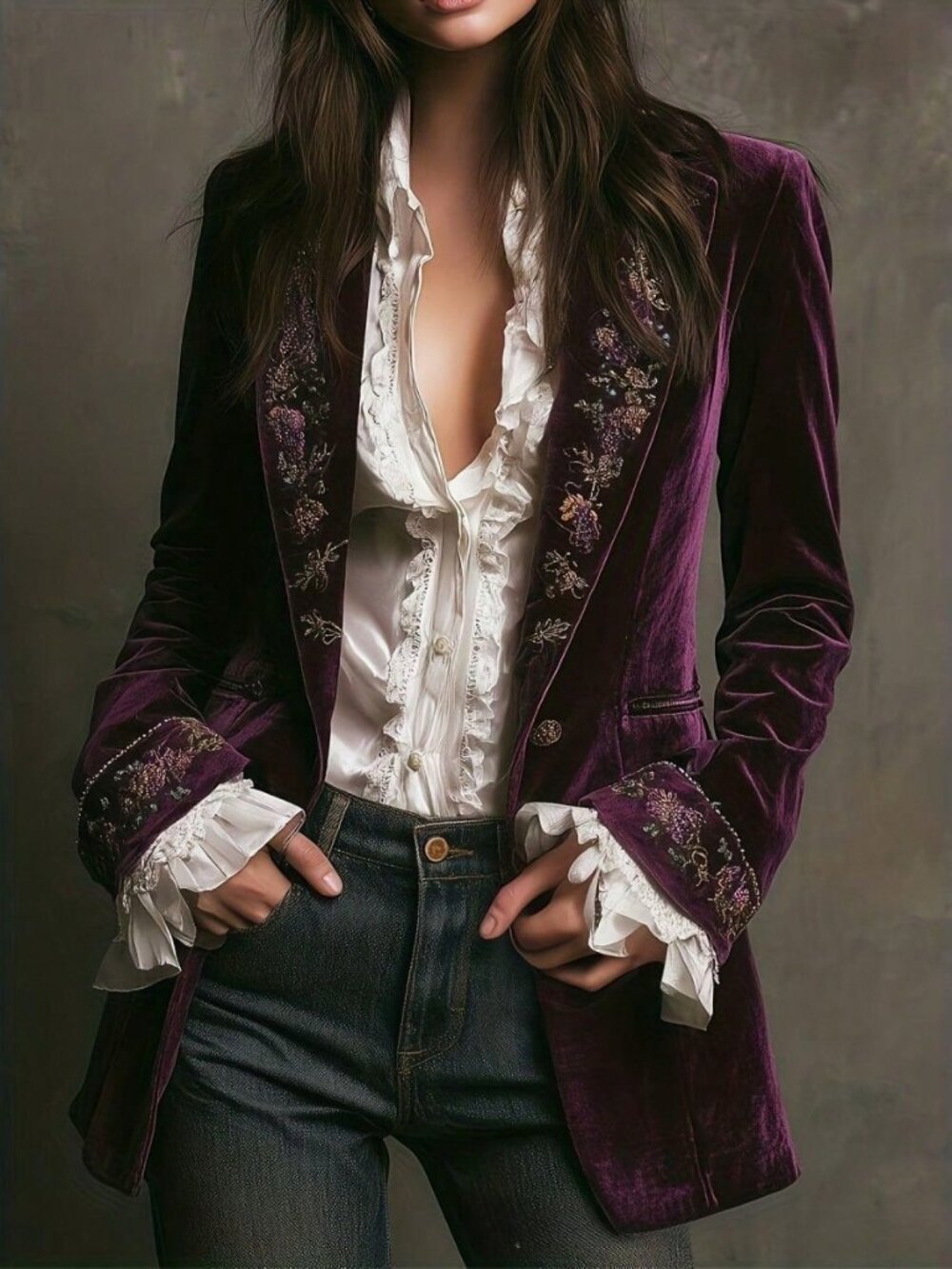 Purple Elegant Women's Contrast Lace Slim Fit Shawl Collar Single Button Jacket